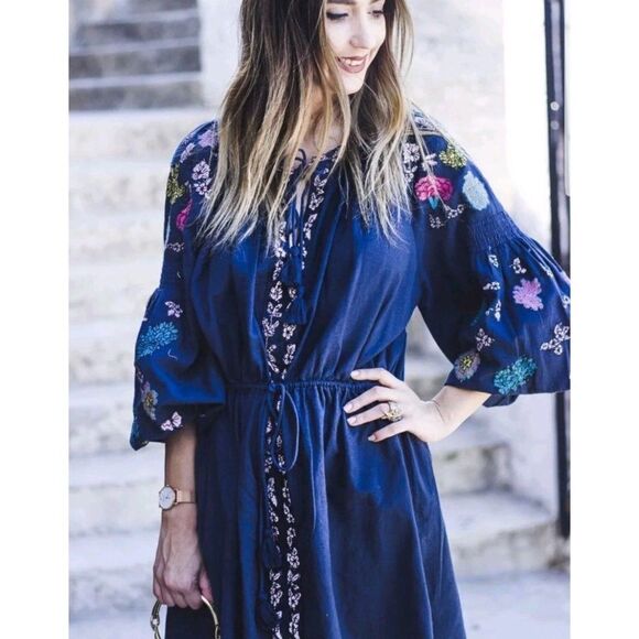 ✨4xHP✨Navy Blue Short Embroidered Tunic MidiDress✨ - Picture 4 of 12